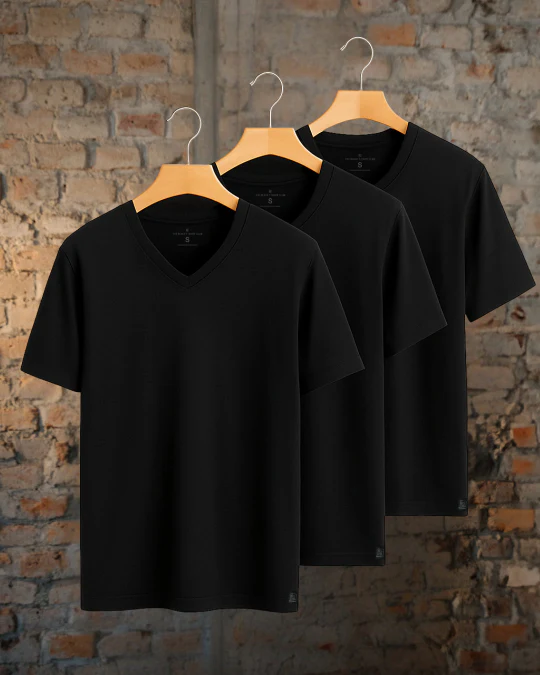 Cuello V Classic Fit - Pack 3x Playeras Negras PREMIUM